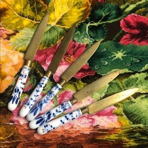 Vintage Set of 5 Floral Ceramic Handle Bronze Fruit Knives by Rheingold